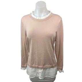 Adrianna Papell Pink Knit Ruffle Crew Neck Long Sleeve Pullover Sweater Top Sz L