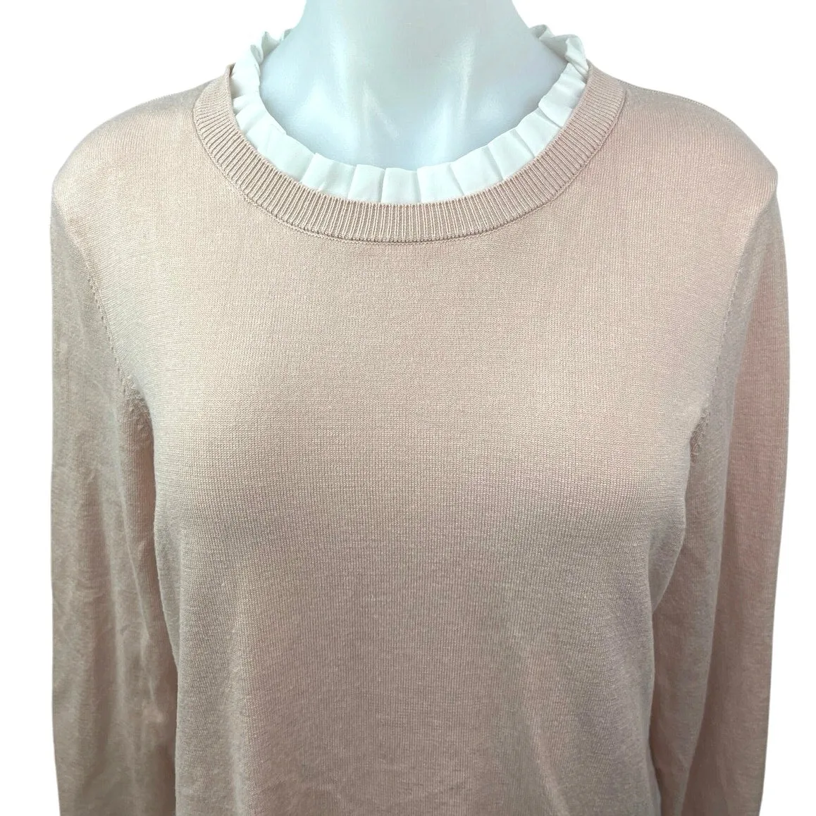 Adrianna Papell Pink Knit Ruffle Crew Neck Long Sleeve Pullover Sweater Top Sz L