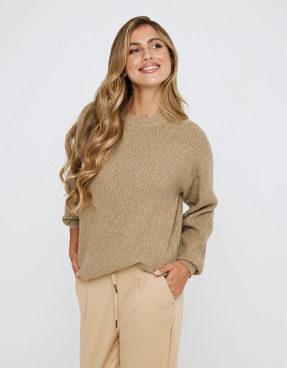 Camel Basic Long Sleeve Sweater - Capibara