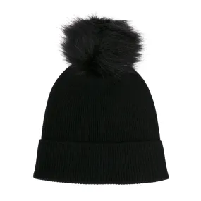 Classic Faux Fur Pom Pom Beanie - Black