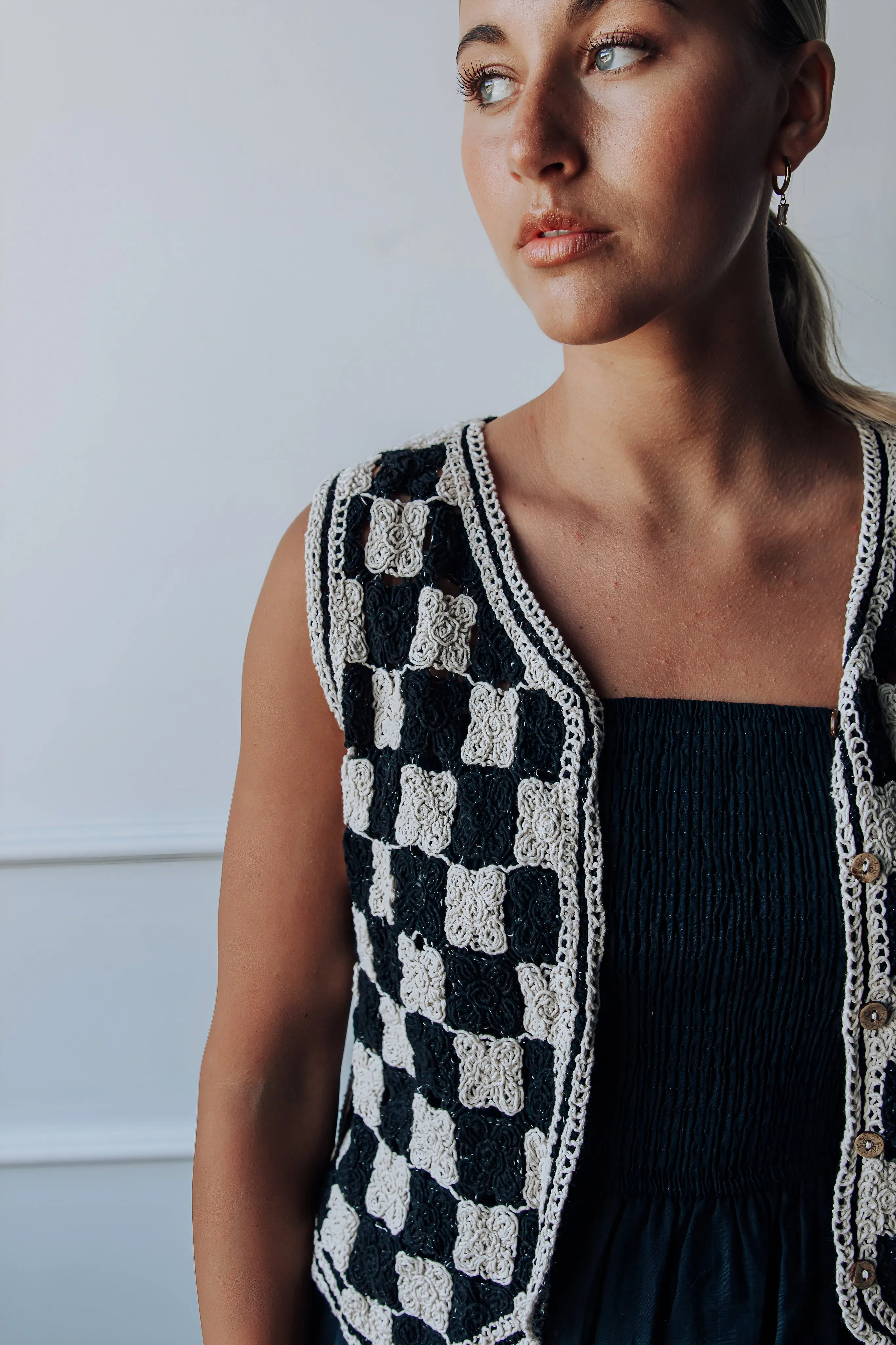 Cotton Crochet Checkered Vest