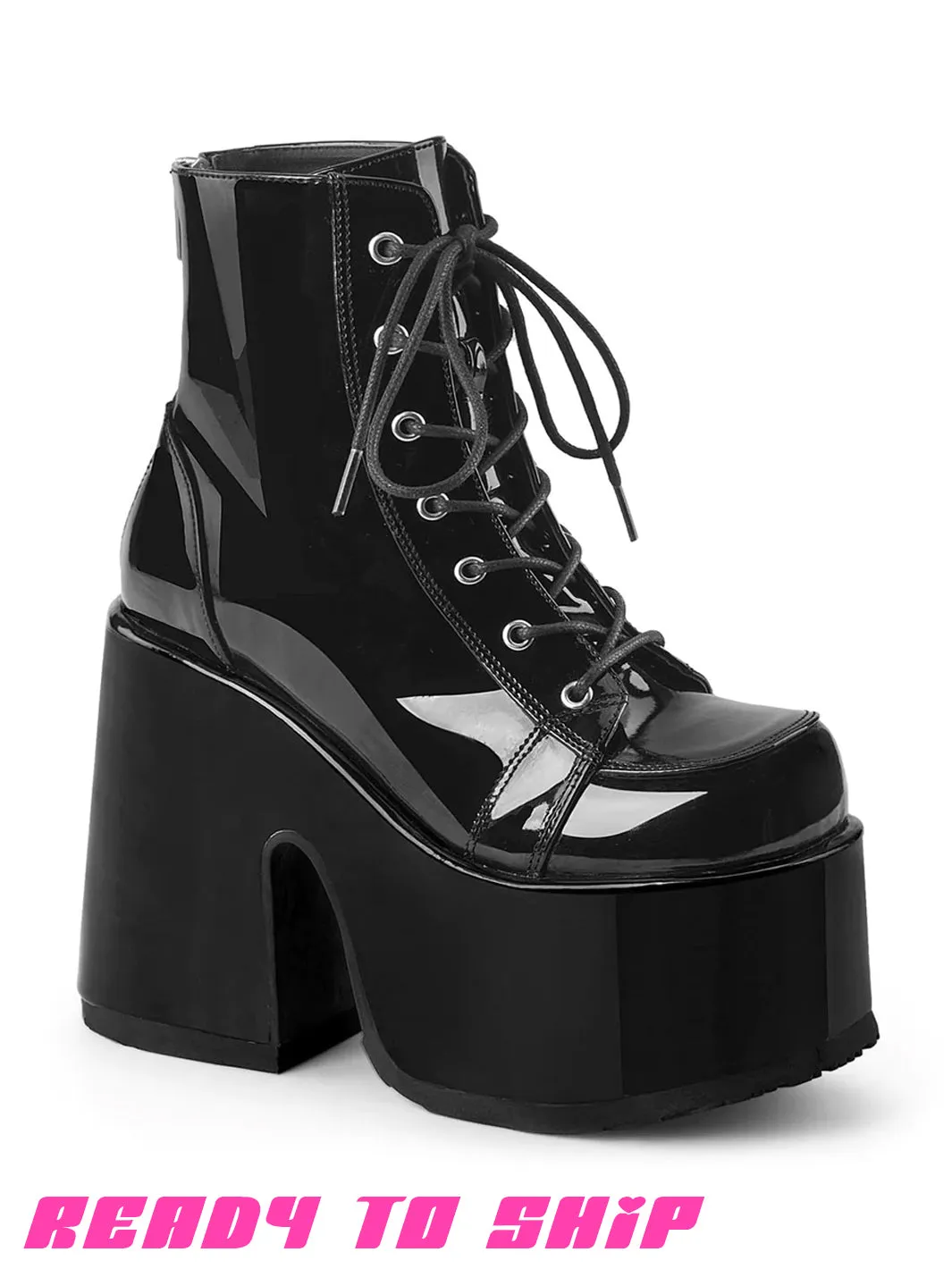 DEMONIA CAMEL 203 PLATFORM BOOTS - PATENT BLACK