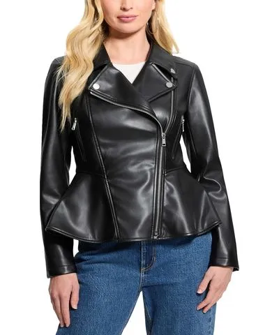 Guess Women's Ivy Faux-Leather Peplum Moto Jacket