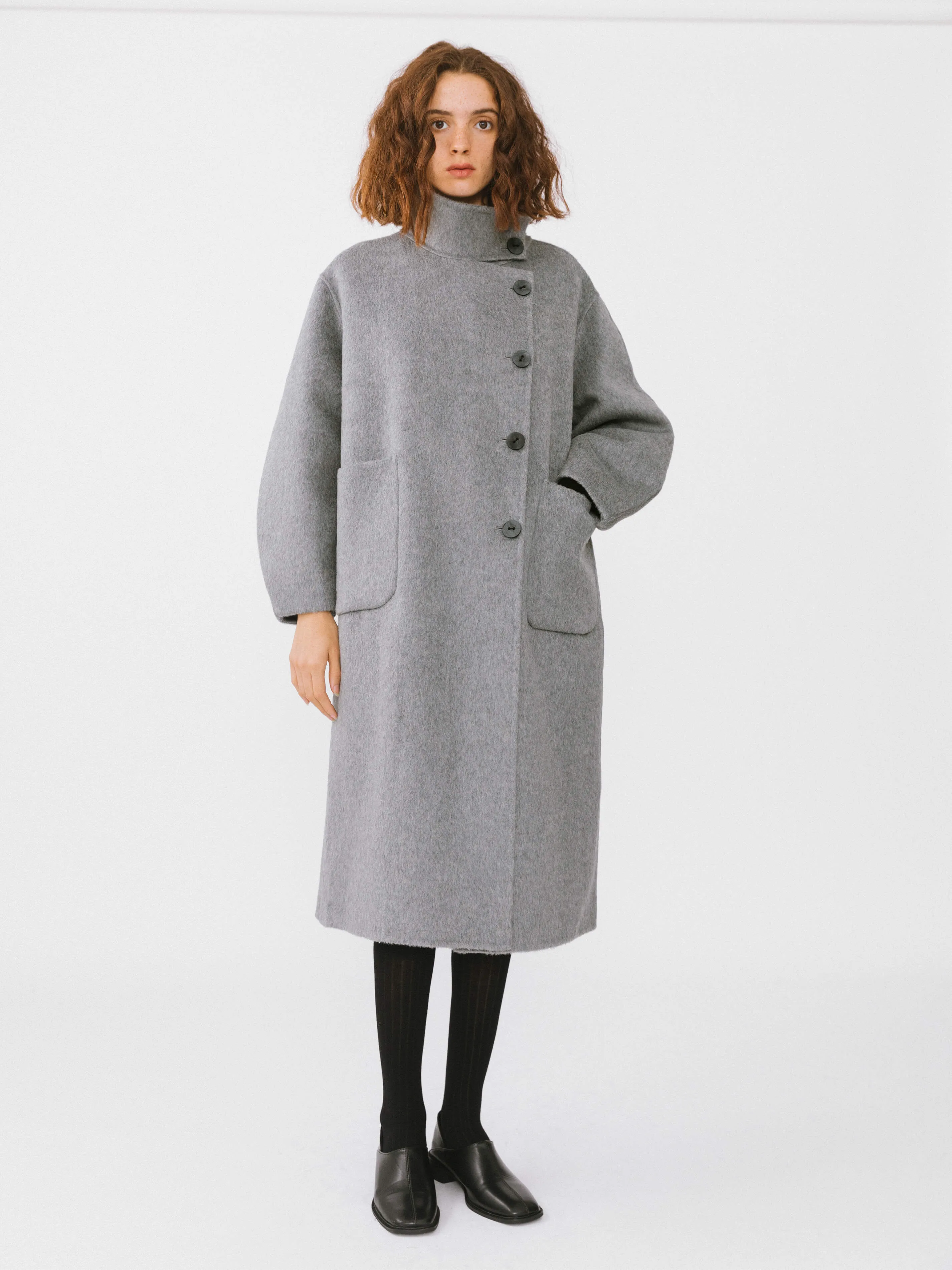 High Collar Asymmetric Wool Long Coat