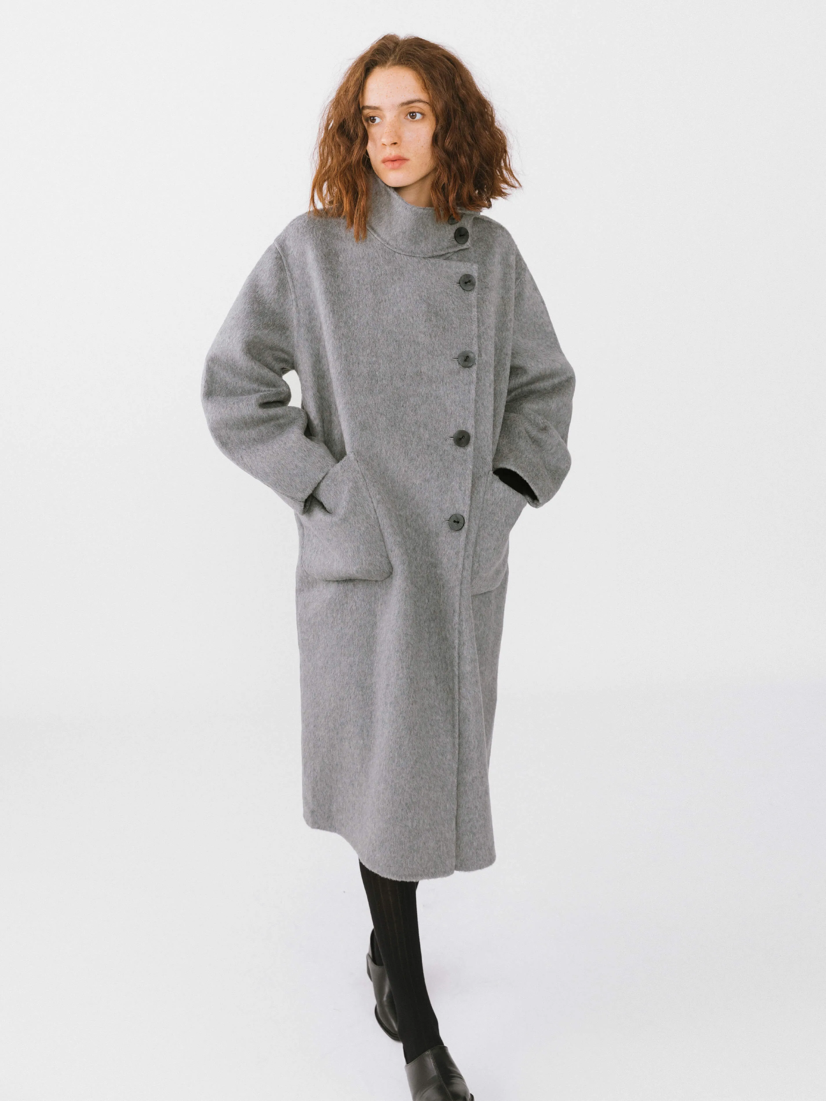 High Collar Asymmetric Wool Long Coat