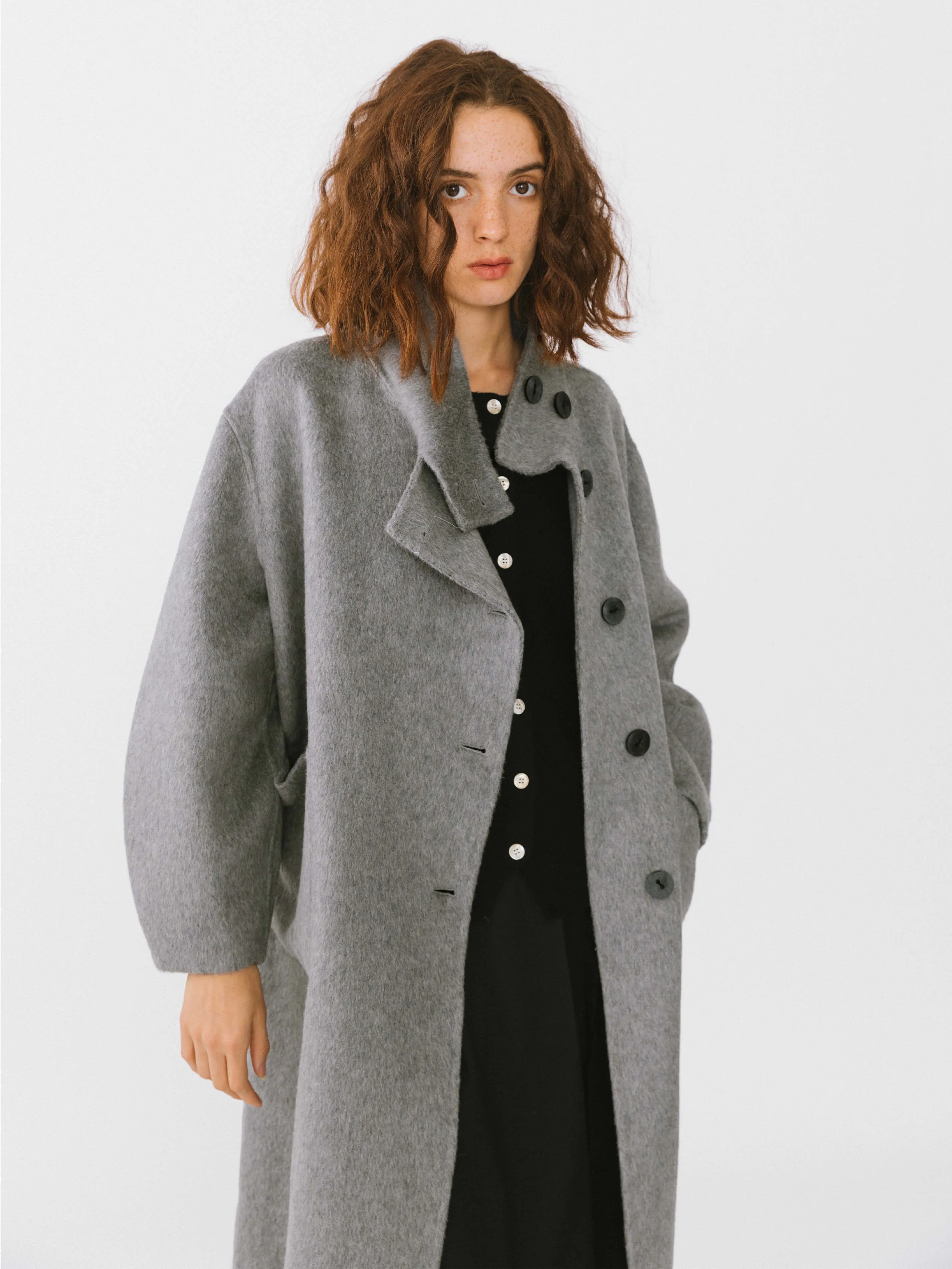 High Collar Asymmetric Wool Long Coat