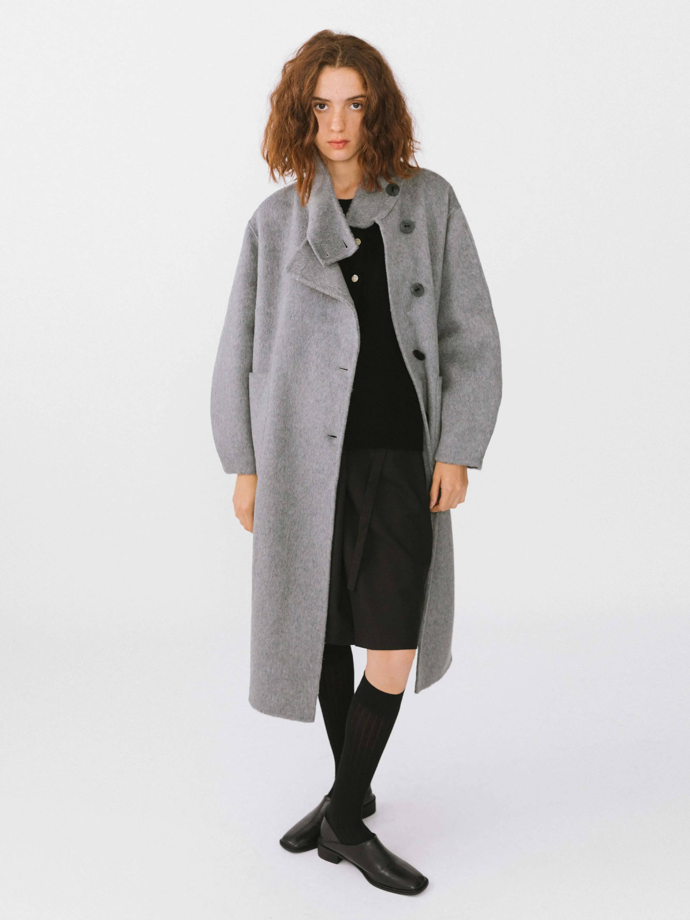 High Collar Asymmetric Wool Long Coat