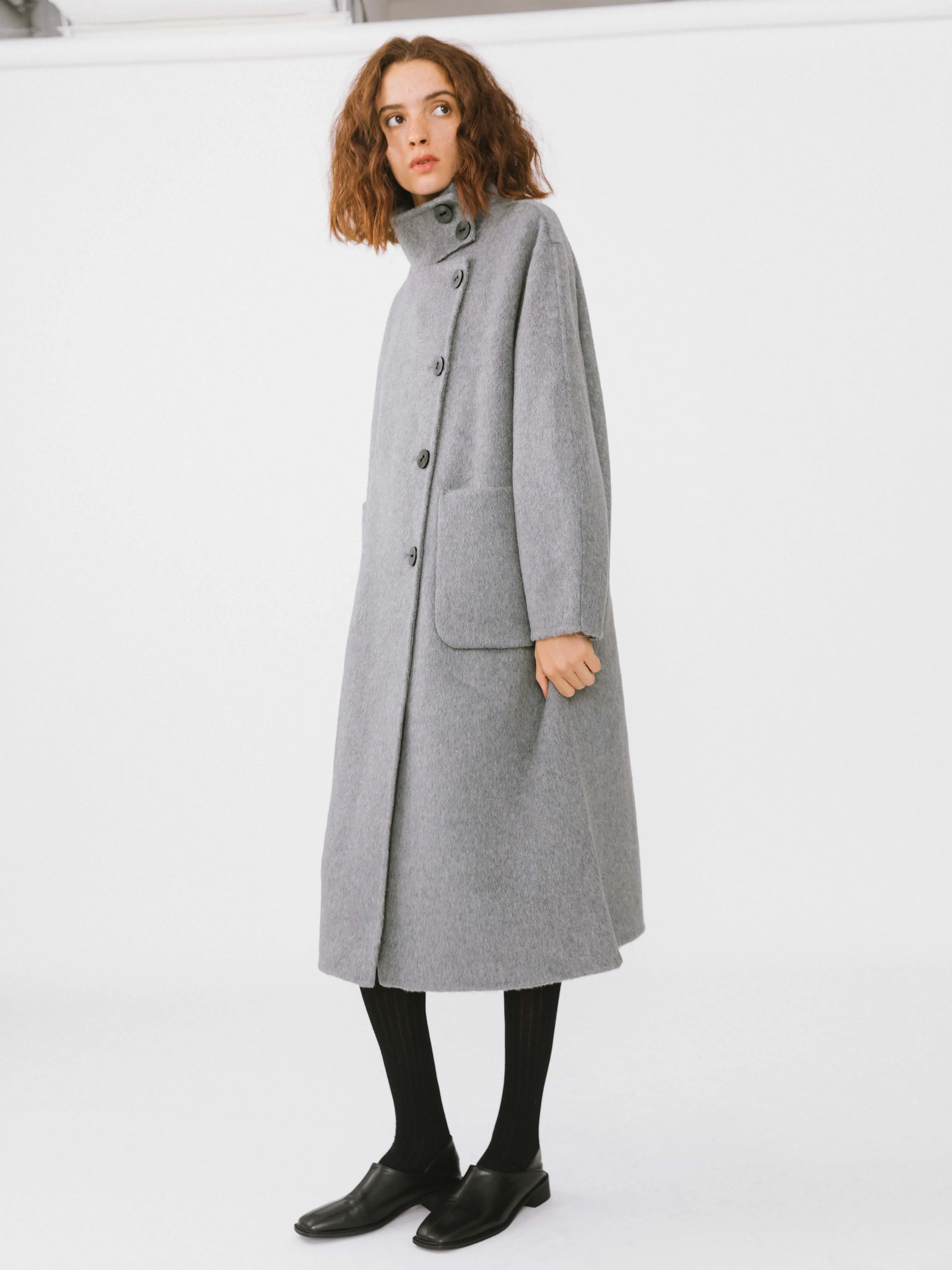 High Collar Asymmetric Wool Long Coat