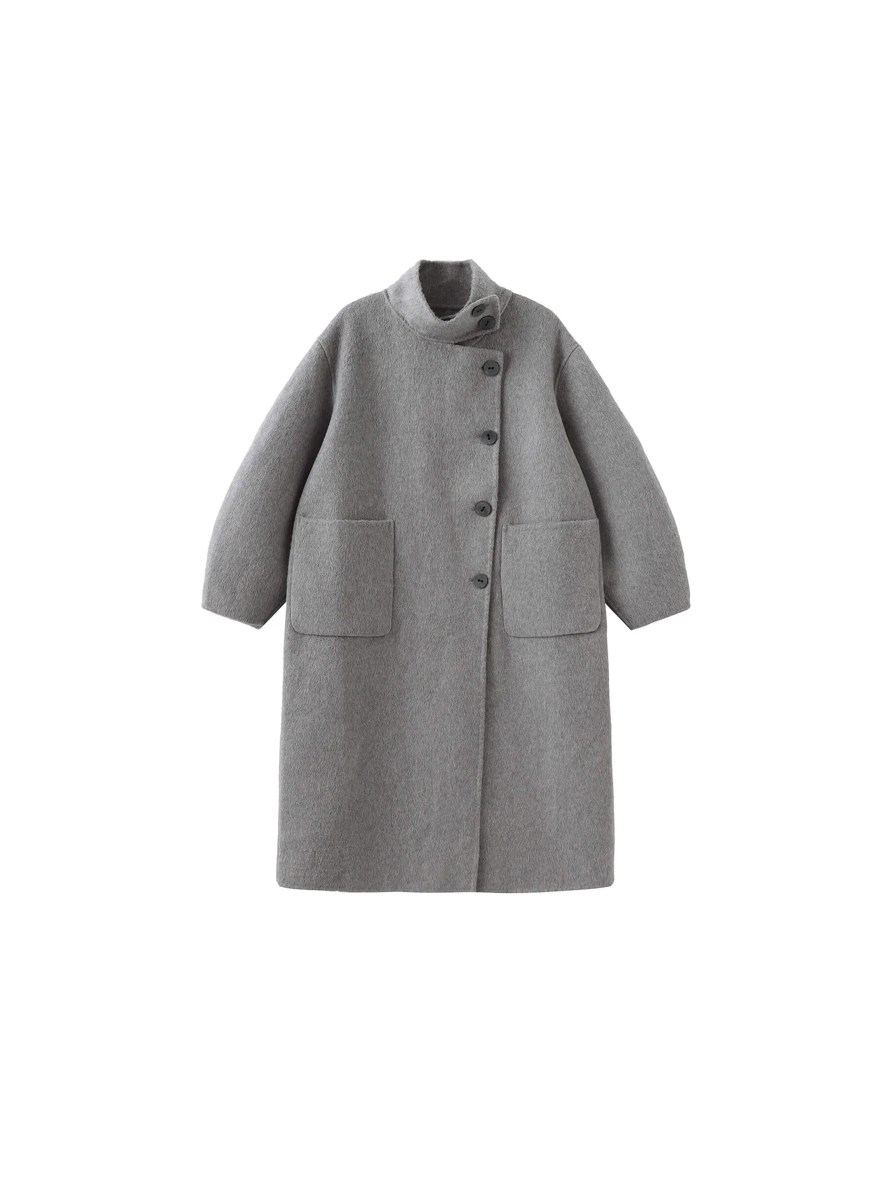 High Collar Asymmetric Wool Long Coat