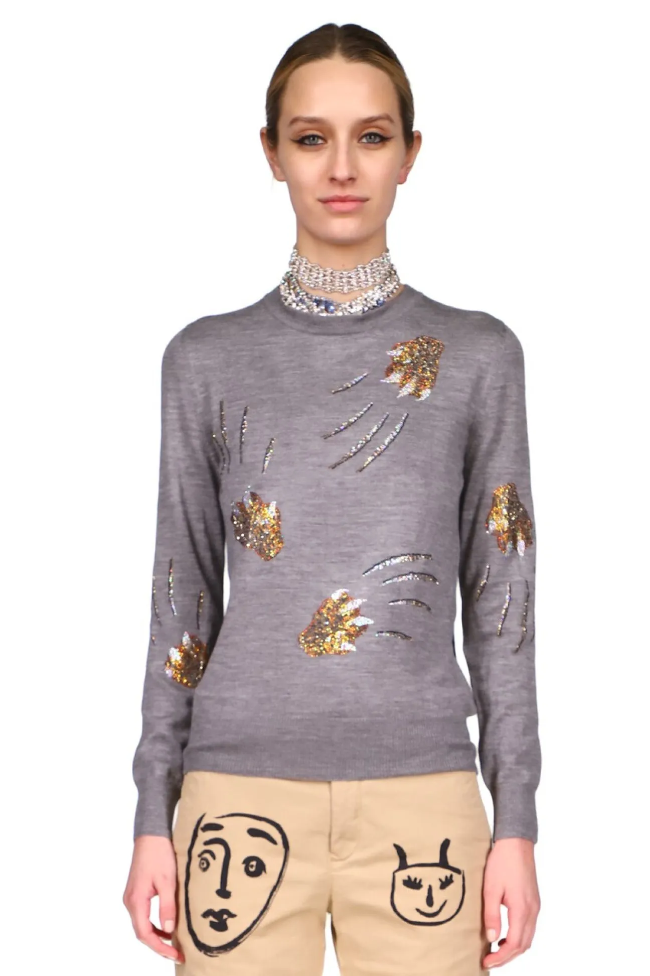 'LEOPARDO' GREY SILKY CASHMERE PULLOVER SWEATER