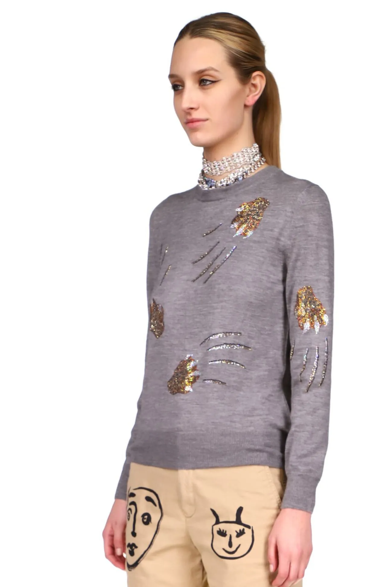 'LEOPARDO' GREY SILKY CASHMERE PULLOVER SWEATER