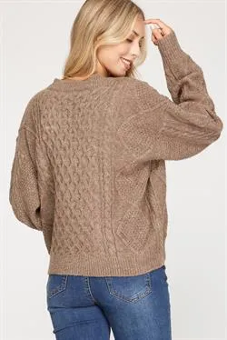 Long Sleeve V-Neck Cable Knit Sweater Top