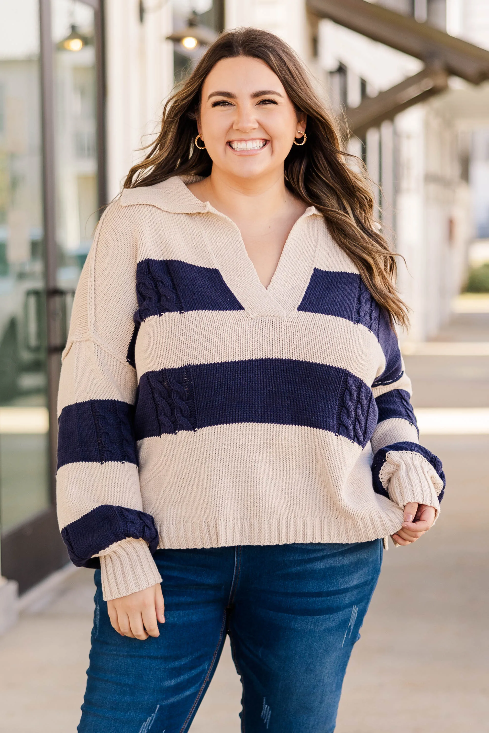 Love To The Fullest Sweater, Taupe Navy