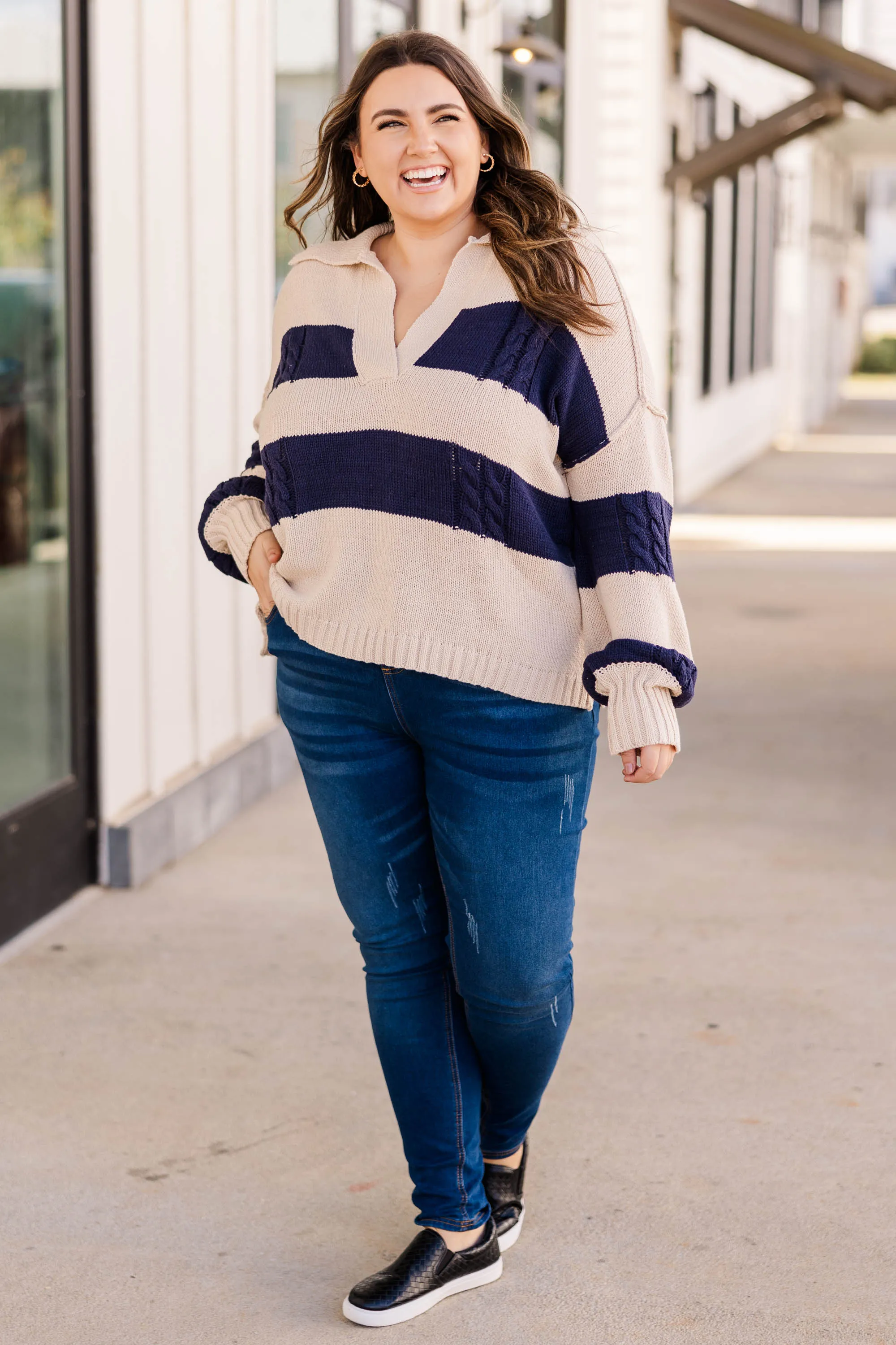 Love To The Fullest Sweater, Taupe Navy