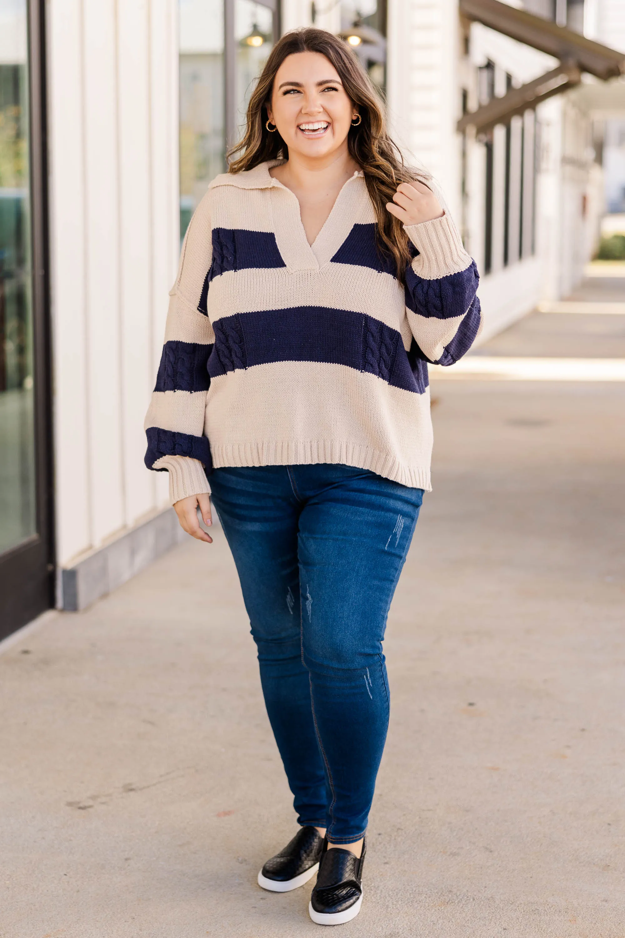 Love To The Fullest Sweater, Taupe Navy