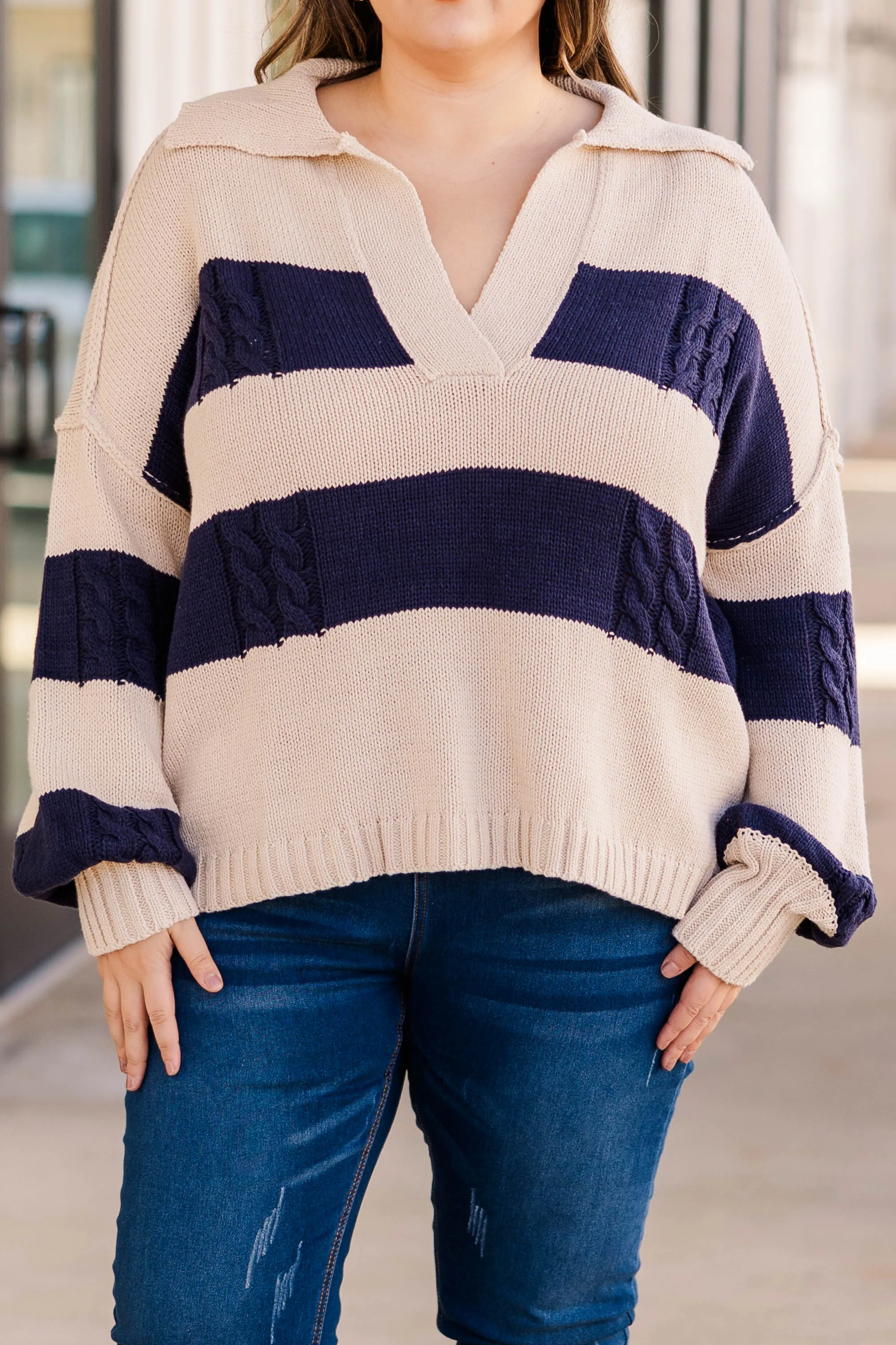 Love To The Fullest Sweater, Taupe Navy