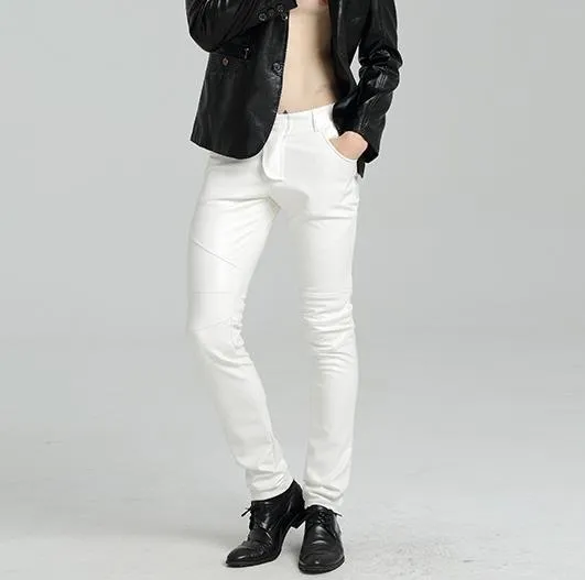 Men's Autumn Synthetic Leather Mid Waist Skinny Tight Casual Trousers