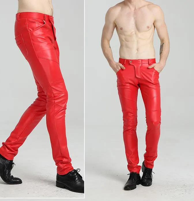 Men's Autumn Synthetic Leather Mid Waist Skinny Tight Casual Trousers