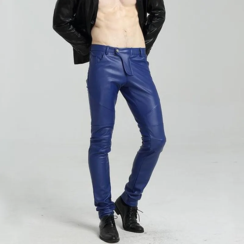 Men's Autumn Synthetic Leather Mid Waist Skinny Tight Casual Trousers