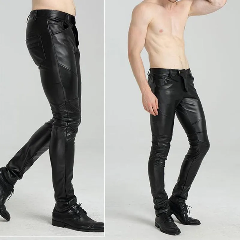 Men's Autumn Synthetic Leather Mid Waist Skinny Tight Casual Trousers