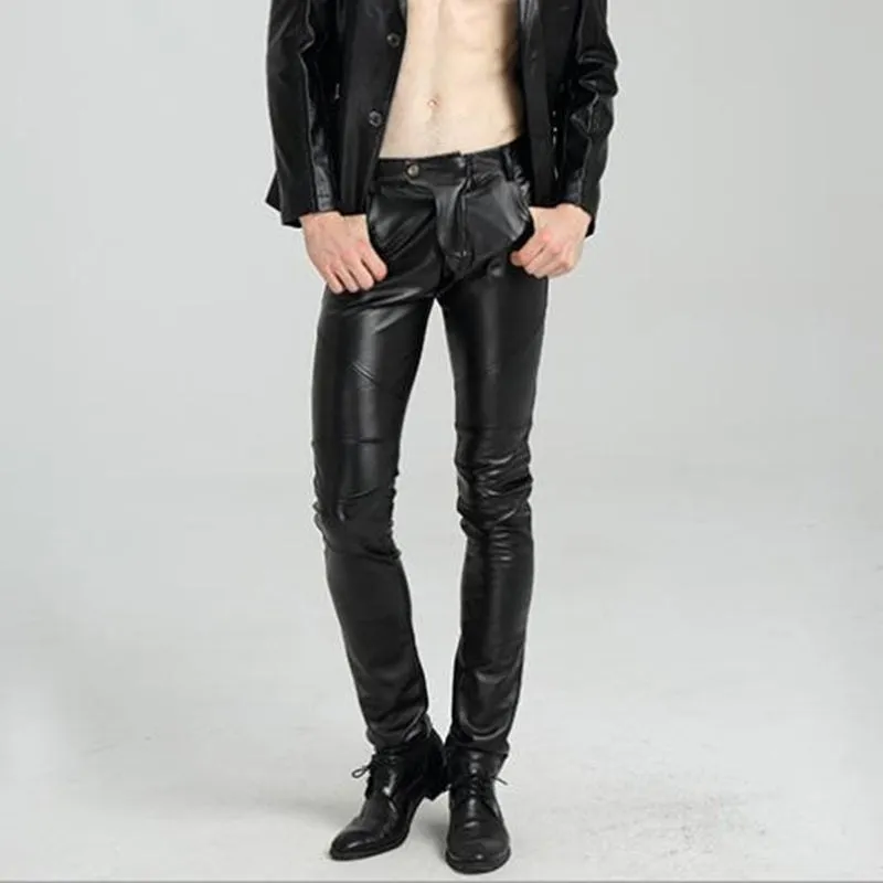 Men's Autumn Synthetic Leather Mid Waist Skinny Tight Casual Trousers