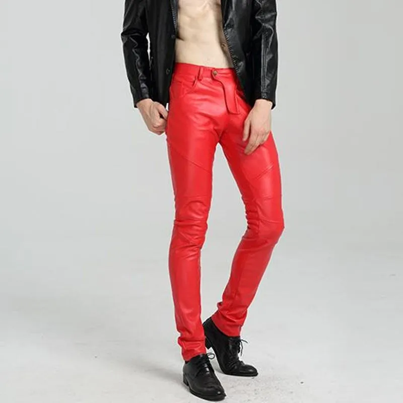 Men's Autumn Synthetic Leather Mid Waist Skinny Tight Casual Trousers