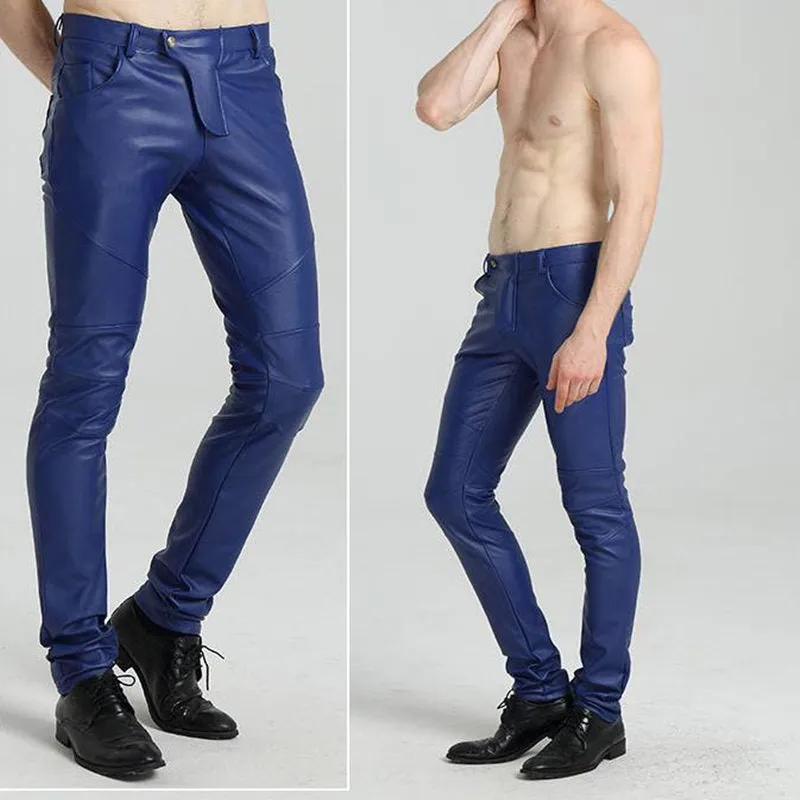 Men's Autumn Synthetic Leather Mid Waist Skinny Tight Casual Trousers