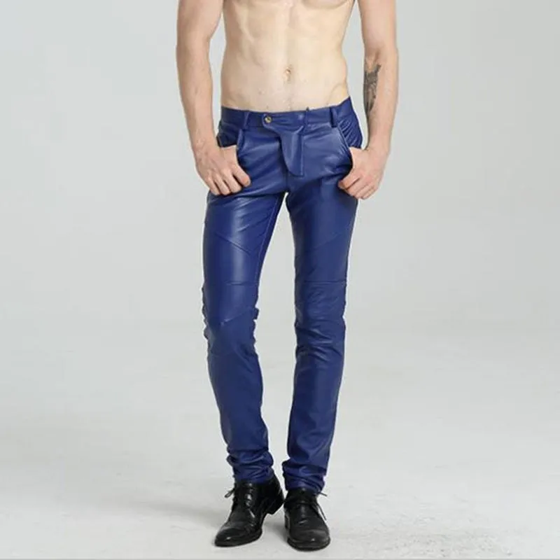 Men's Autumn Synthetic Leather Mid Waist Skinny Tight Casual Trousers