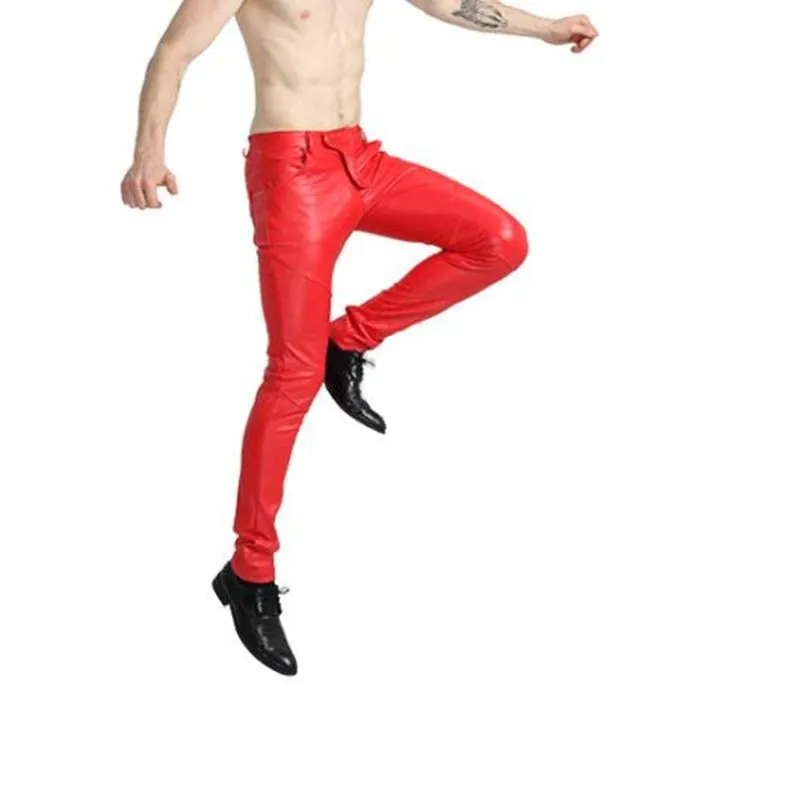 Men's Autumn Synthetic Leather Mid Waist Skinny Tight Casual Trousers