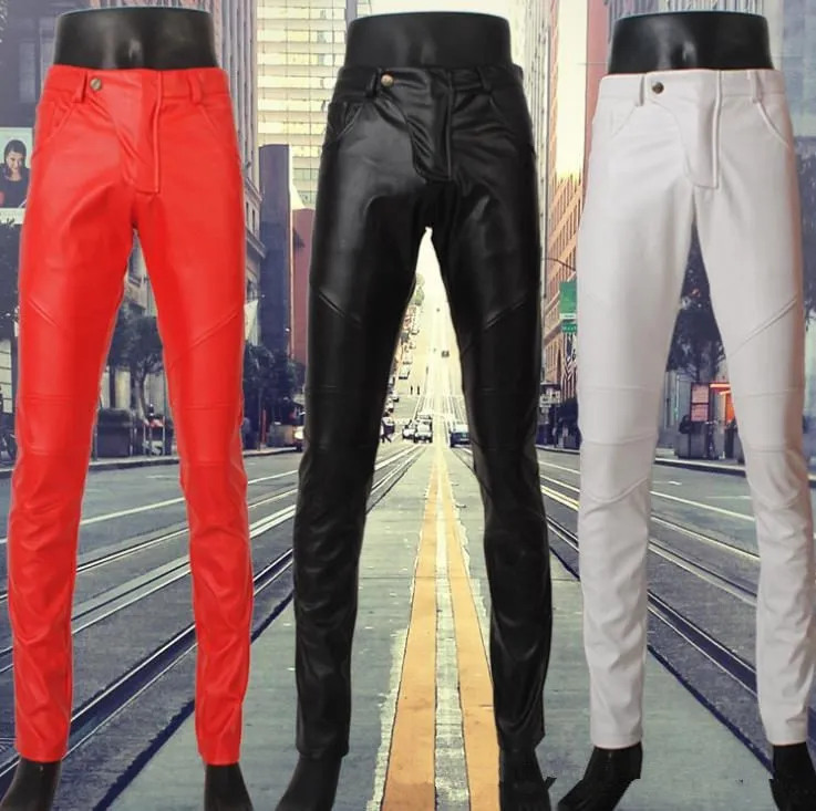 Men's Autumn Synthetic Leather Mid Waist Skinny Tight Casual Trousers