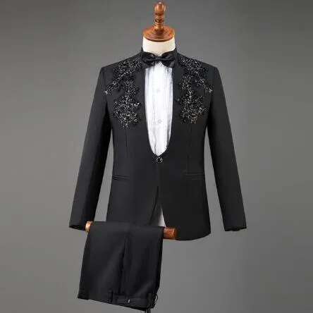 Men's Embroidered Diamond Stand Collar Tuxedo Jacket Pants 3pcs Suit