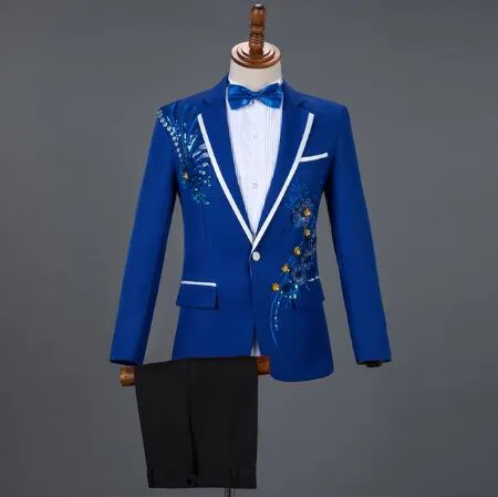 Men's Embroidered Diamond Stand Collar Tuxedo Jacket Pants 3pcs Suit