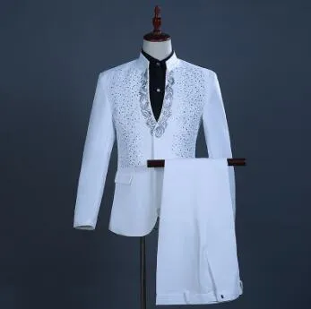 Men's Embroidered Diamond Stand Collar Tuxedo Jacket Pants 3pcs Suit