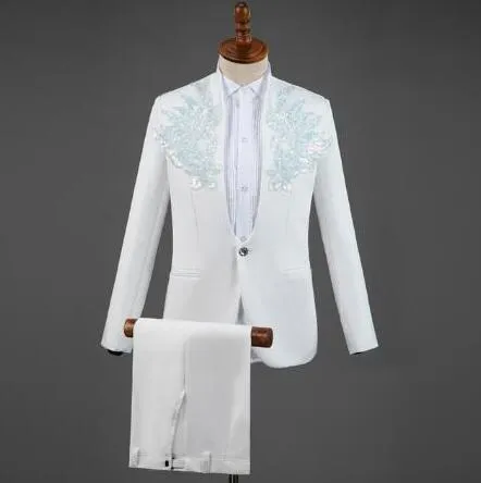 Men's Embroidered Diamond Stand Collar Tuxedo Jacket Pants 3pcs Suit