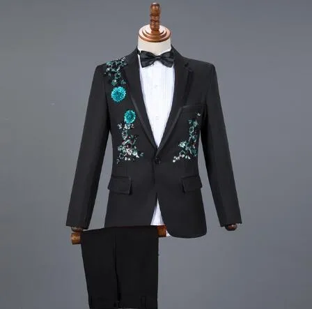 Men's Embroidered Diamond Stand Collar Tuxedo Jacket Pants 3pcs Suit