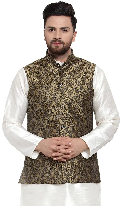 Men's Jacquard Sleeveless Nehru Jacket India Waistcoat (Gold)