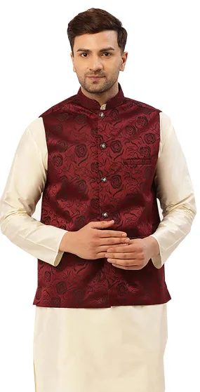 Men's Sleeveless Nehru Jacket Traditional India Waistcoat (Maroon)