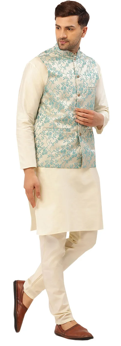 Men's Traditional Indian Outerwear Vest Waistcoat (Cream Turquoise)