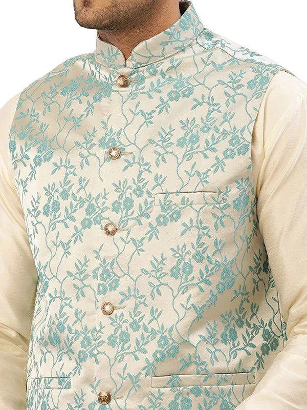 Men's Traditional Indian Outerwear Vest Waistcoat (Cream Turquoise)