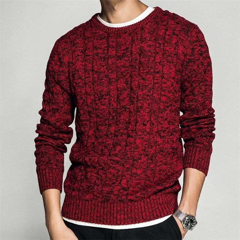 Men's Winter Cotton O-Neck Colored Wool Twist Knit Warm Pullover