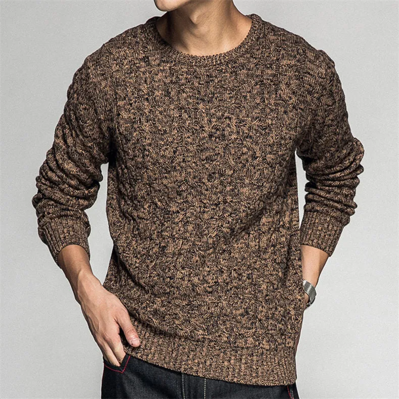 Men's Winter Cotton O-Neck Colored Wool Twist Knit Warm Pullover