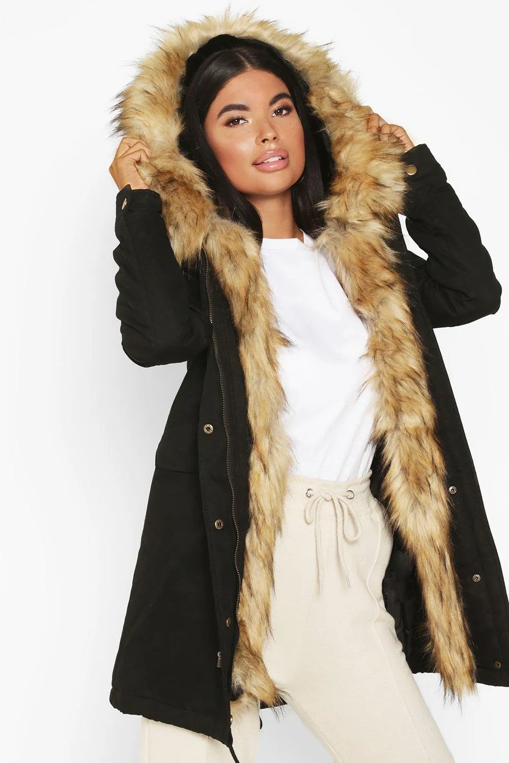 Petite Faux Fur Trim Parka Coat