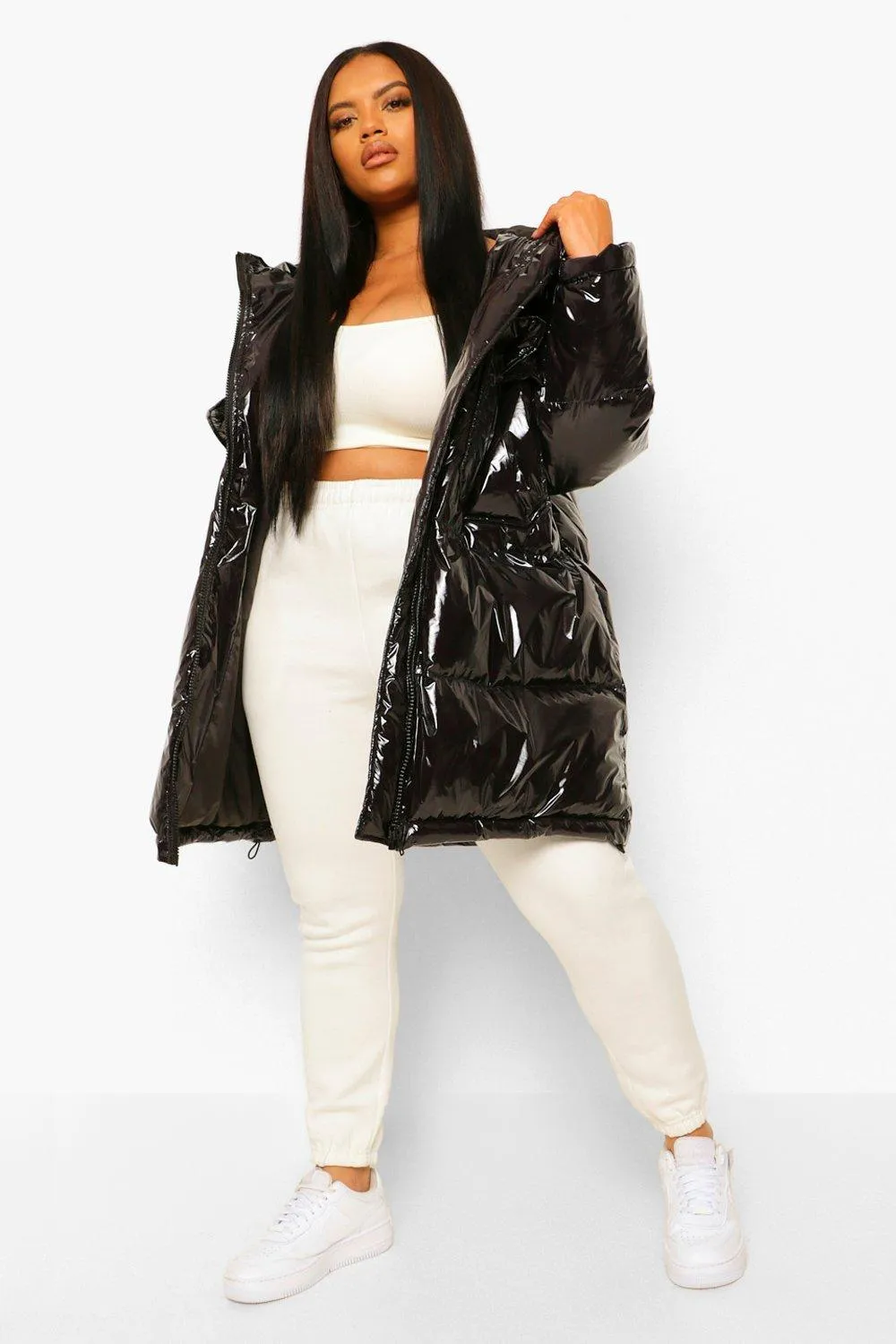 Plus Faux Fur Hood Shiny Parka Puffer Jacket