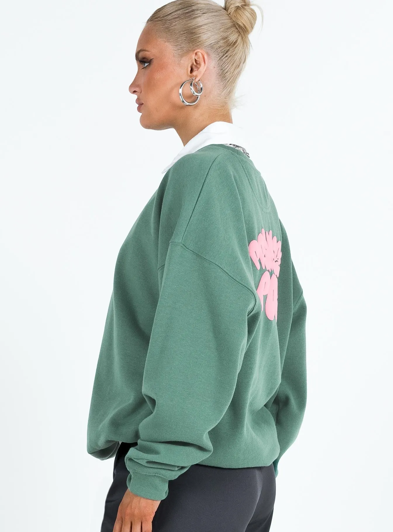 Princess Polly Crew Neck Sweatshirt Bubble Text Sage / Pink