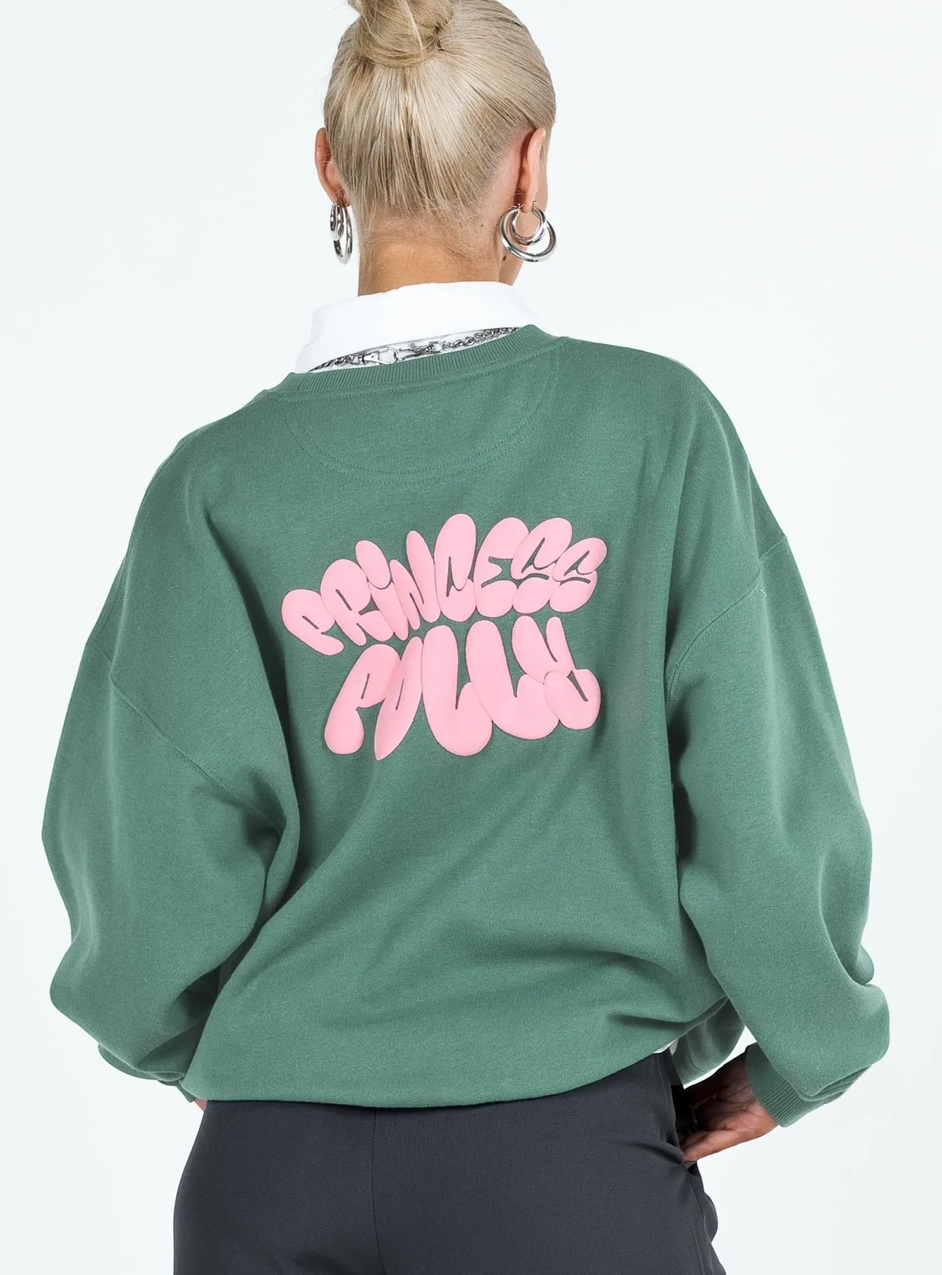 Princess Polly Crew Neck Sweatshirt Bubble Text Sage / Pink