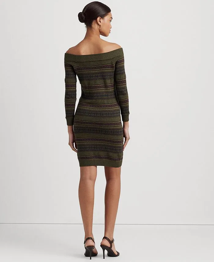 Ralph Lauren Women's Fair Isle Off the Shoulder Sweater Dress Green Size XX-Large