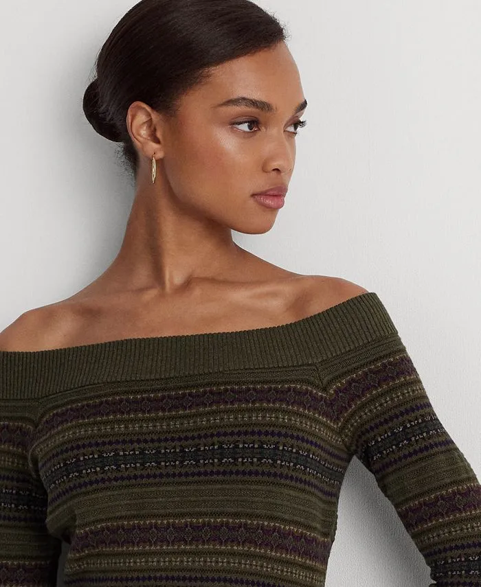 Ralph Lauren Women's Fair Isle Off the Shoulder Sweater Dress Green Size XX-Large