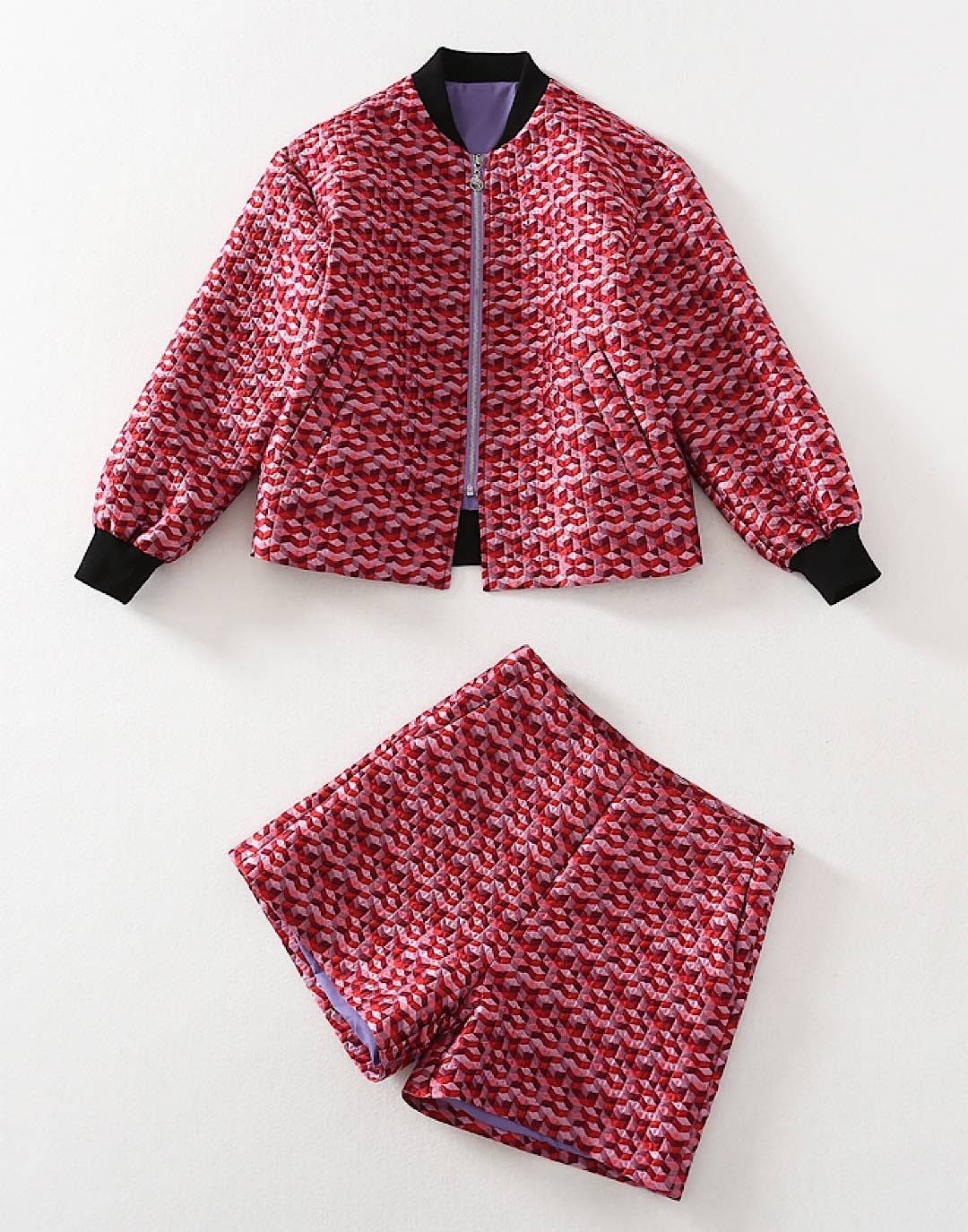 Red Pattern Jacket And Shorts Set