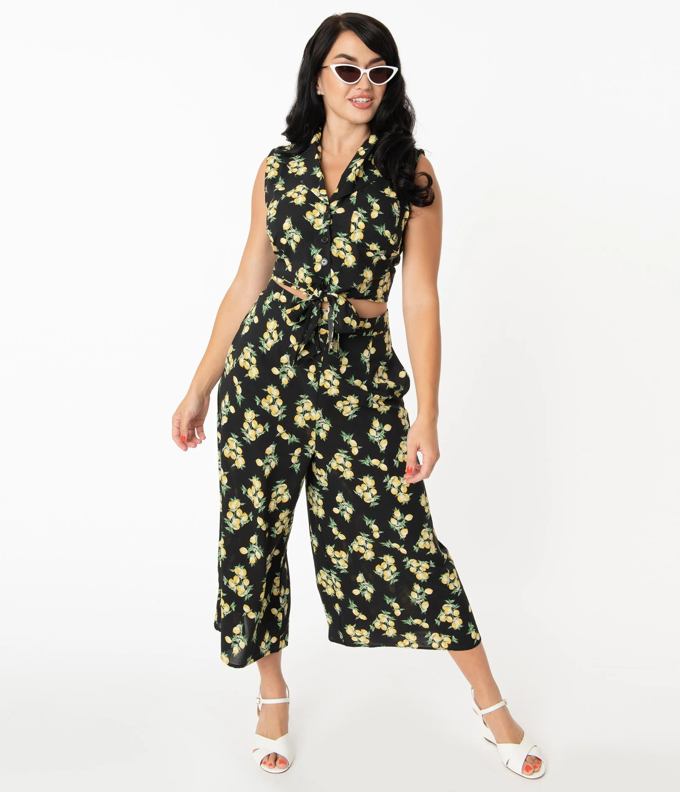 Unique Vintage 1940s Black & Lemon Print Wide Leg Sicily Pants