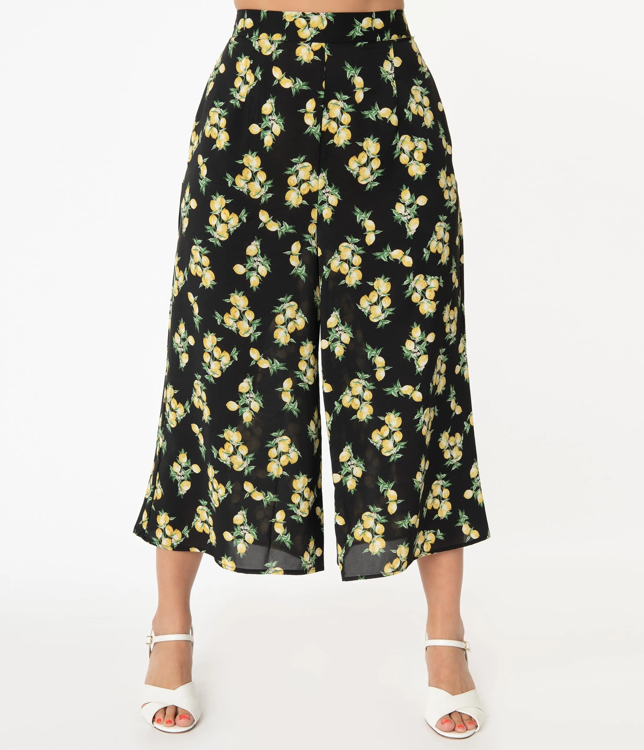 Unique Vintage 1940s Black & Lemon Print Wide Leg Sicily Pants